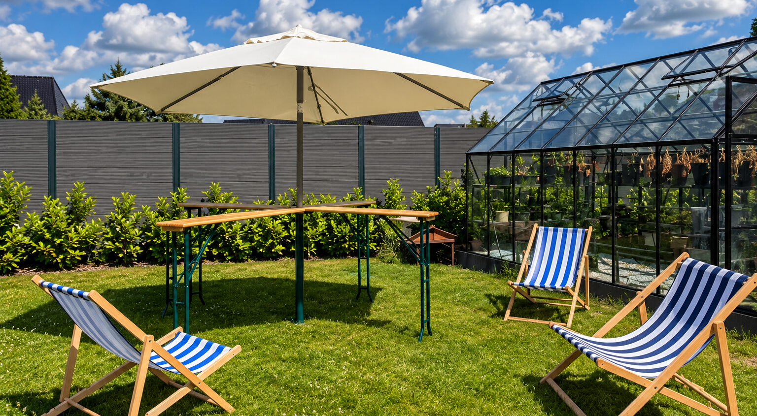 Parasol ogrodowy na wynajem w plenerowej strefie z meblami